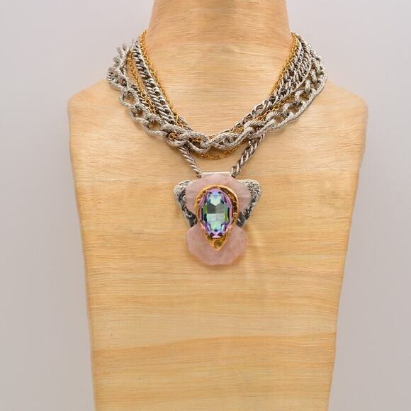 J. Jansen Brutalist Statement Necklace Crystal Pink Stone Chunky Signed Bin6A - Picture 6 of 12